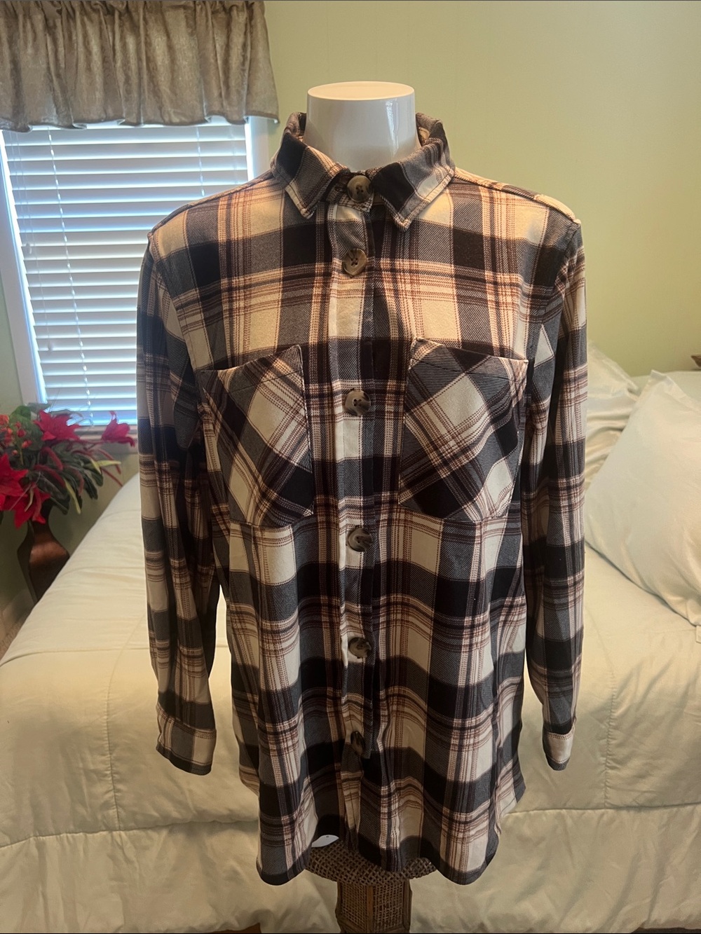Eden & Olivia Black and Cream Plaid Button-Down Shirt Fleece lined 1X